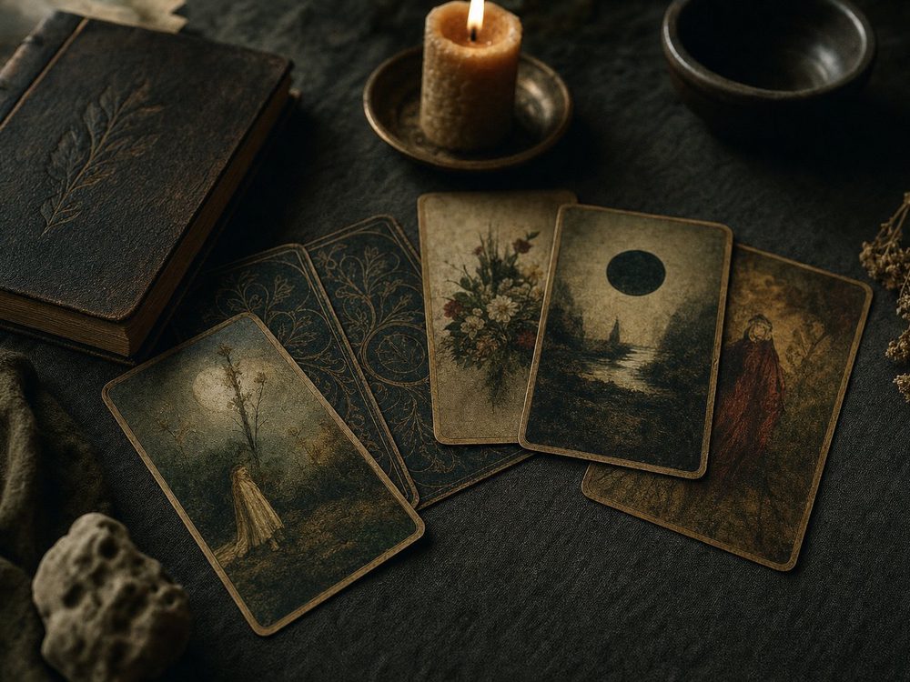 Still life: tarot cards fanned on dark linen beside a bound book and a lit candle.