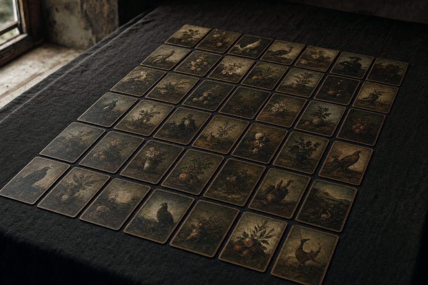 A full Grand Tableau of thirty-six Lenormand cards in nine columns on a dark table.