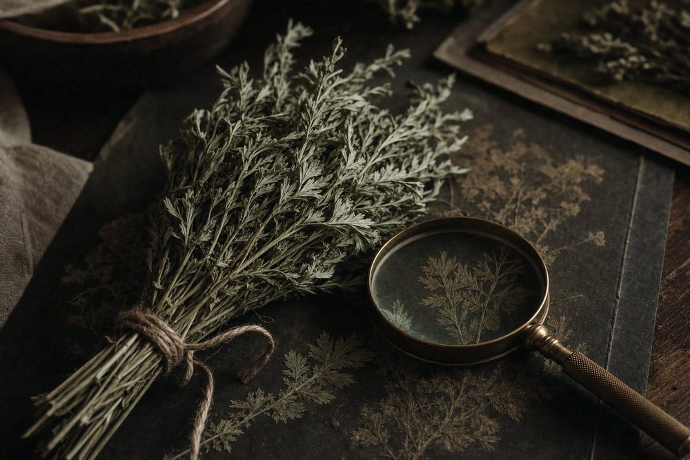 Dried mugwort stems and leaves on a pale linen cloth, showing the silvered leaf undersides.