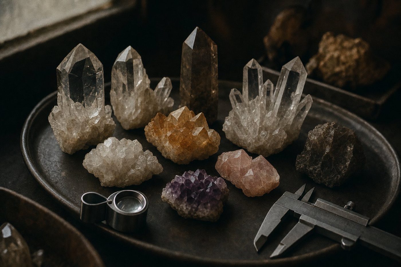 Rough quartz specimens including clear, smoky, amethystine and orange varieties on a stone slab.