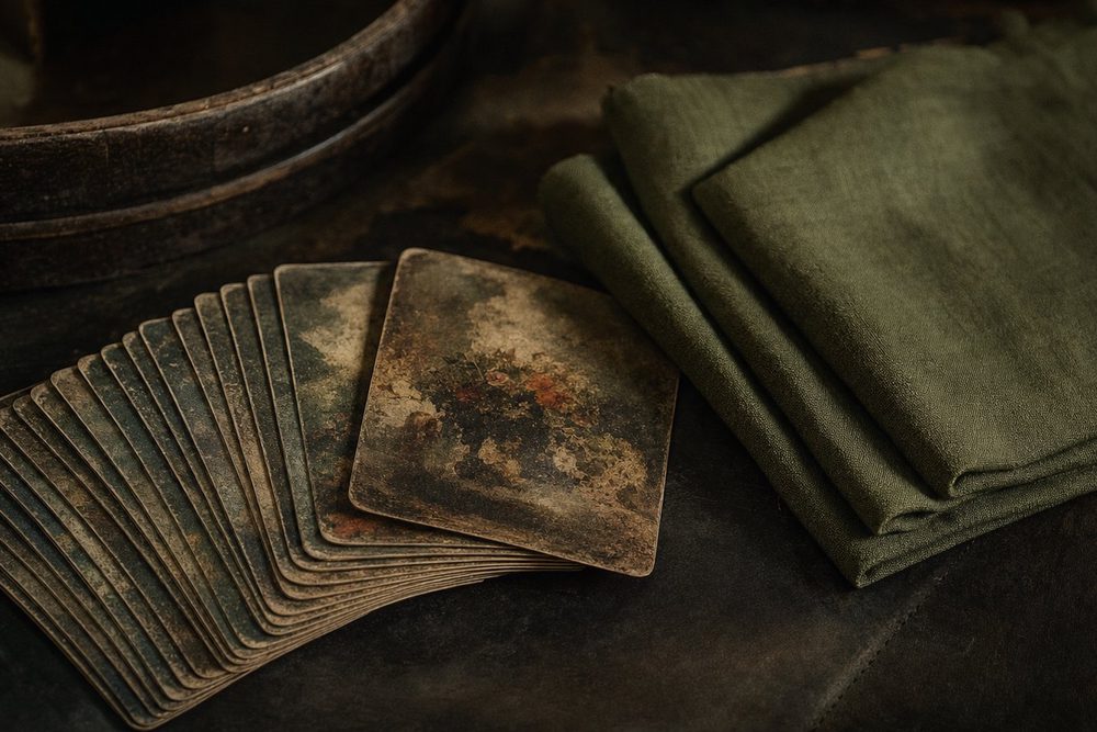 A study still life in the CultIndies house style: printed cards, dried stems, and dark ceramic on a stone surface.