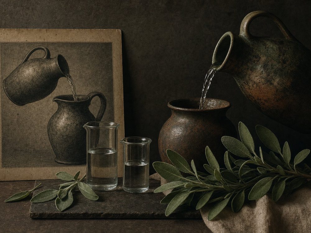 A framed antique card print of a winged figure pouring between two cups, beside a shallow dish on a stone shelf.