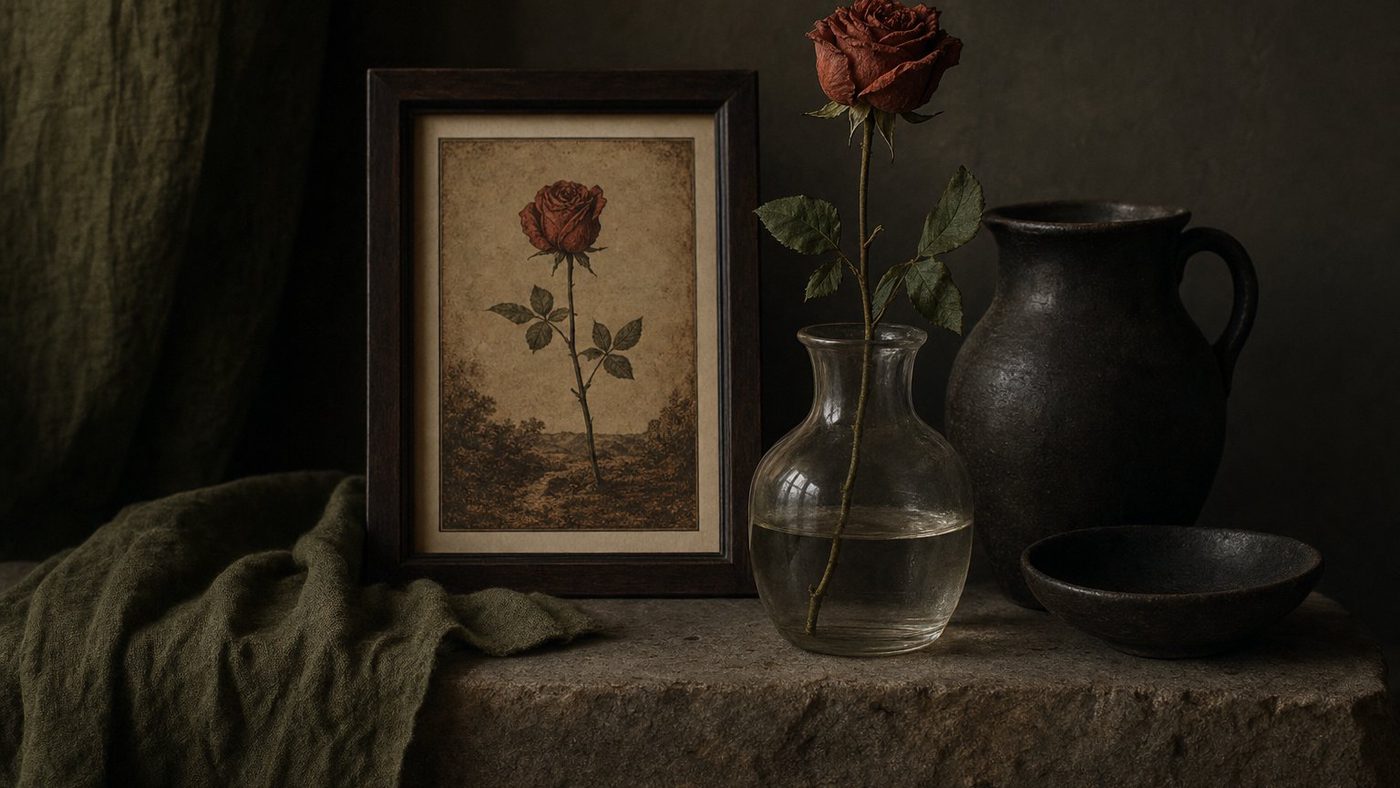 A framed antique card print of a rose in a glass vessel, beside a dark ceramic jug on a stone shelf.