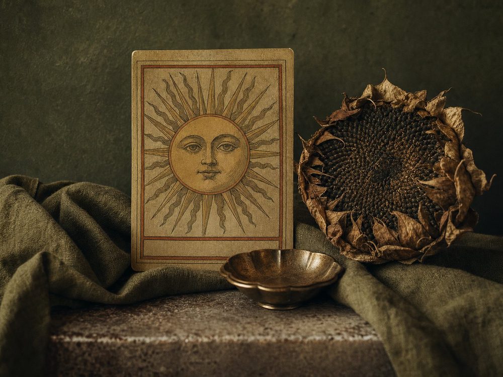 A framed antique card print of a sun above a low wall, beside a pale ceramic bowl on a stone shelf.