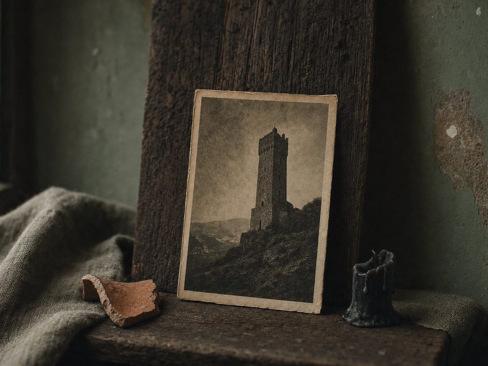 A framed antique card print of a struck tower, beside a chipped stoneware jug on a stone shelf.